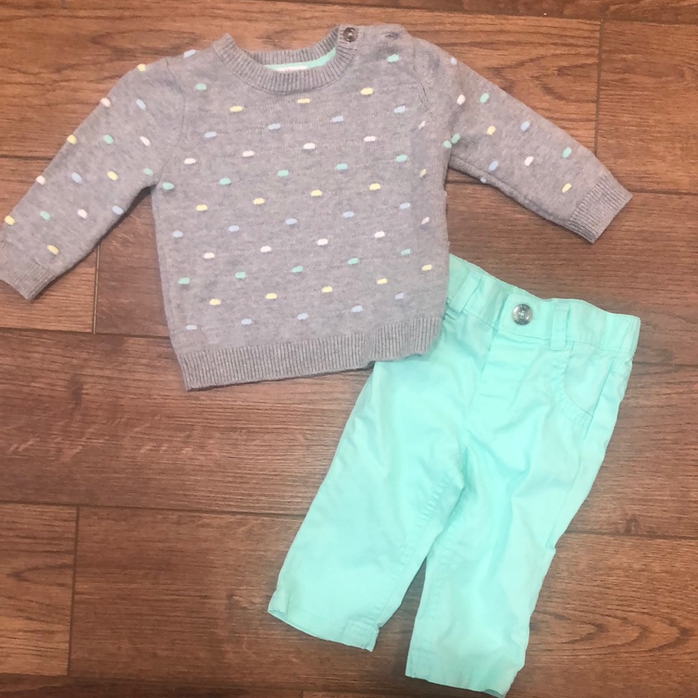 Cat & Jack spring pastel dot sweater & mint green pants set 3/6 months